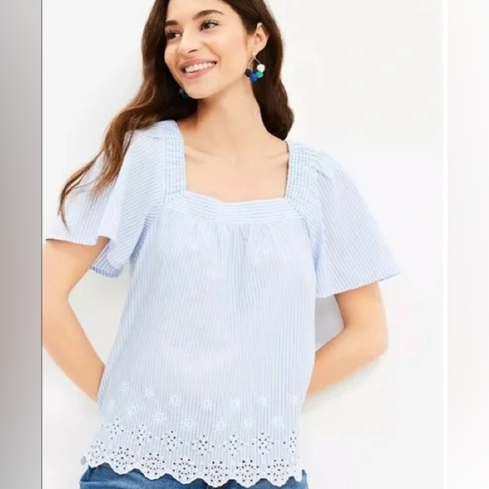 NWT LOFT Cotton Chambray Blue & White Stripe Eyelet  Embroidered Top Sz M